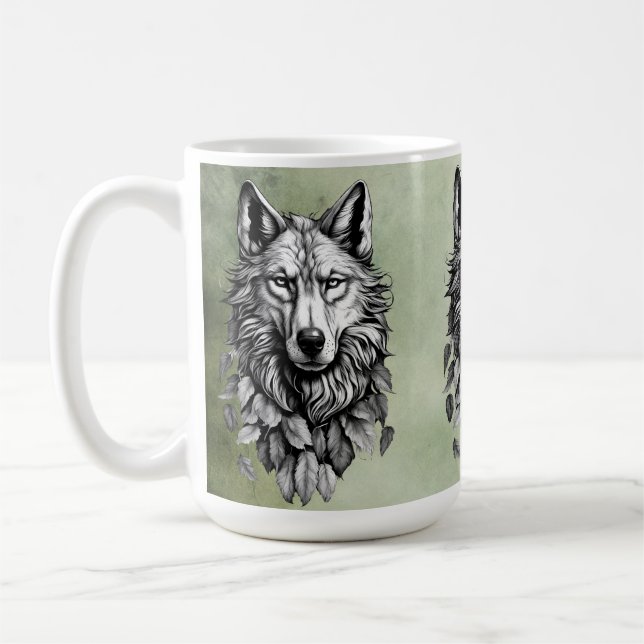 vargens huvud löv djuroriginalkonst teckning kaffemugg (Vänster)