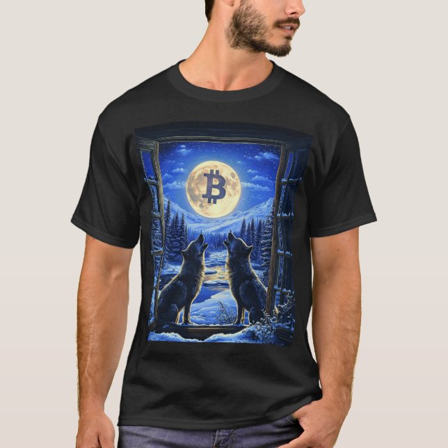 Varger Howling vid Bitcoin Måne T-Shirt (Framsida)