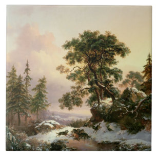 Varger i en vinter landskap (olja på panel) kakelplatta