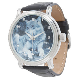 Vargfantasimanar fäster svart läder klockan armbandsur
