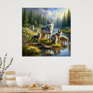 Vargflock Vargar Ström Natur Vilda djur Poster