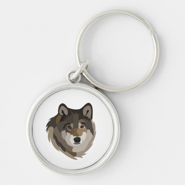 Varghuvud Djur Grå Vildvarg Rund Silverfärgad Nyckelring (Framsidan)