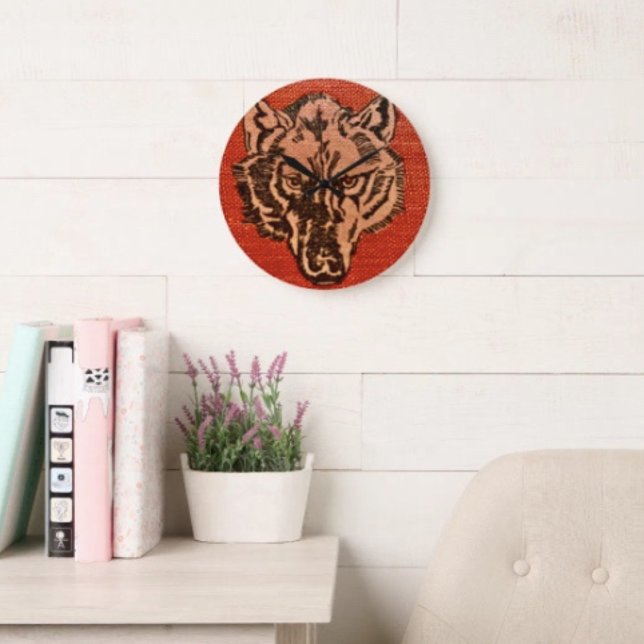 Varghuvud på rött  stor klocka (Wolf Head on Red  Design high-quality wall clock vibrantly printed non-ticking design.

)