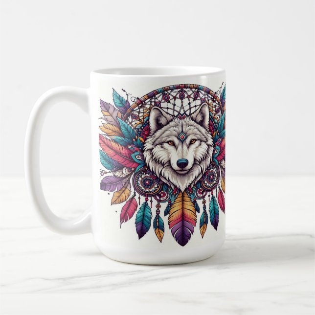 Vargillustration med drömmfångare i bohemisk stil kaffemugg (Vänster)