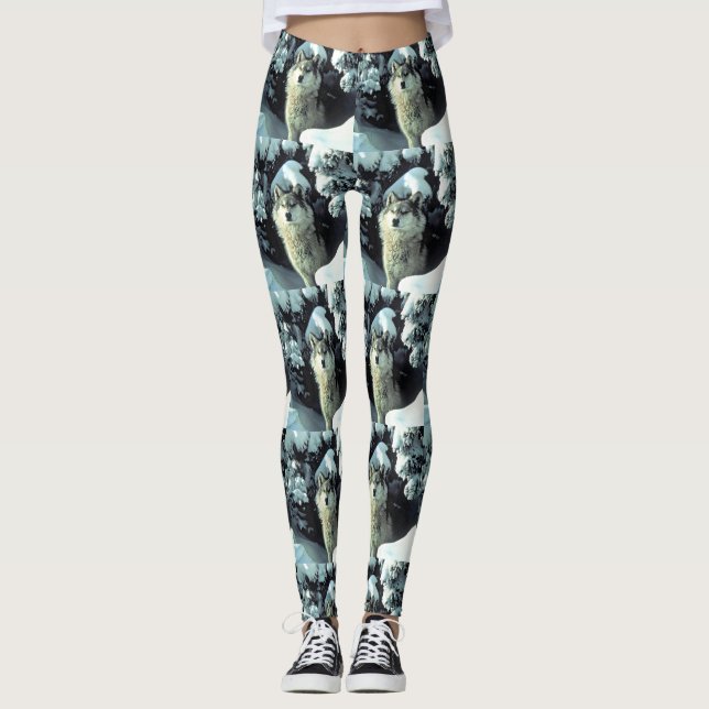 Vargmönster i vinter skogsdesign leggings (Framsida)
