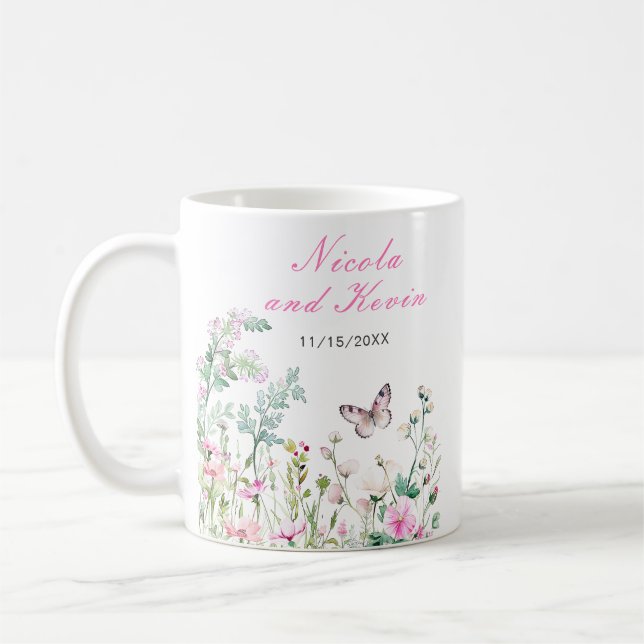 Vårgrön Fjäril Blommig Bröllop Kaffemugg (Vänster)