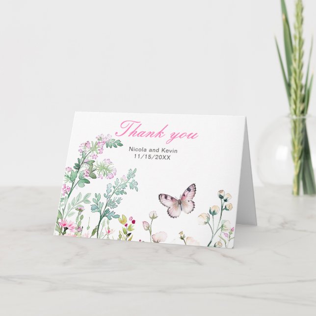 Vårgrön fjärilblomma bröllop tack kort (Framsida)