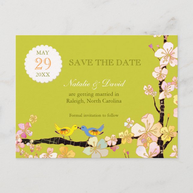 Vårgröna kärleksfåglar Bröllop Spara datum Meddelande Vykort (Framsida)