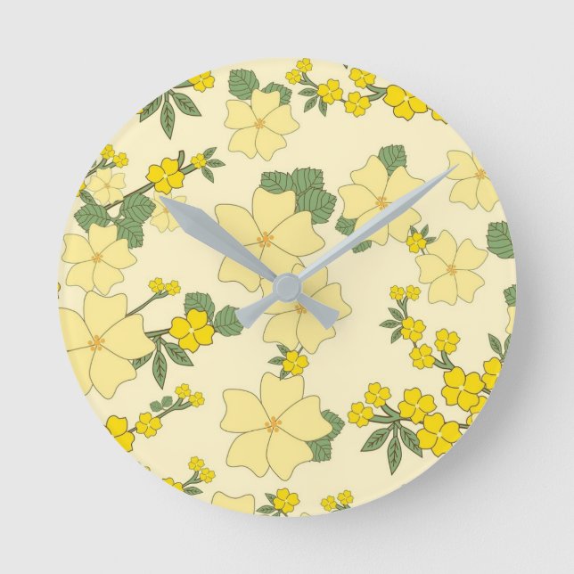 Vårgul Blommönster Rund Klocka (Framsida)