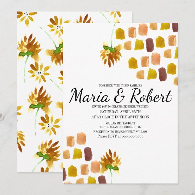 Vårgula akvarellblommor Målerisk hörn Inbjudningar (Fram/baksida)