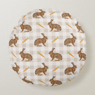 Vårhare och morot rustik beige gingham påsk rund kudde