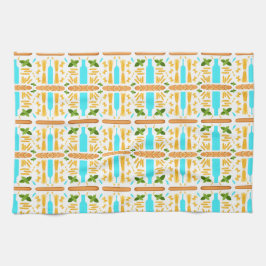 Various dry pasta shapes basil and baguettes kökshandduk