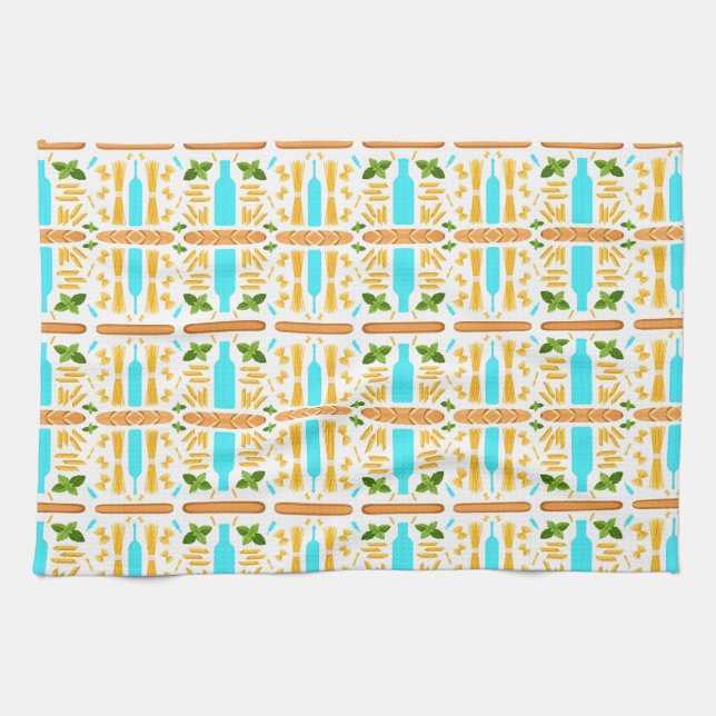 Various dry pasta shapes basil and baguettes kökshandduk (Horisontell)