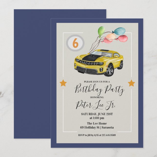 VARJE ÅLDER - Födelsedagsfesten Car Boy Inbjudningar (Fram/baksida)