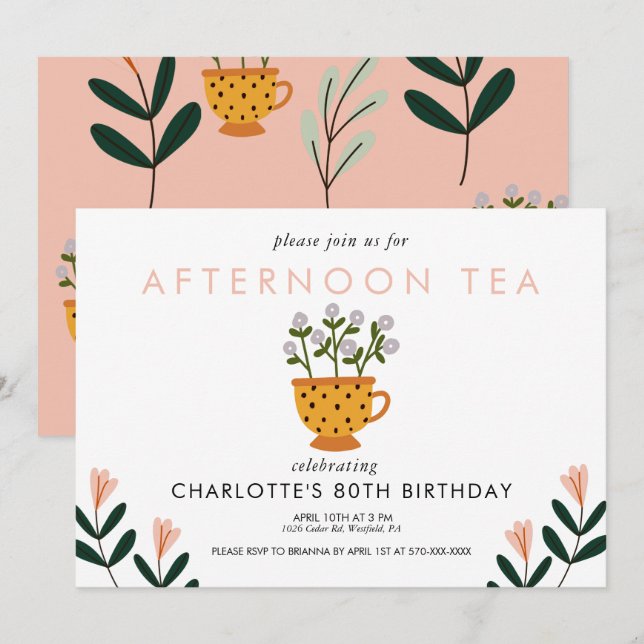 Varje år Abstrakt Flowers Tea Party Birthday Inbjudningar (Fram/baksida)