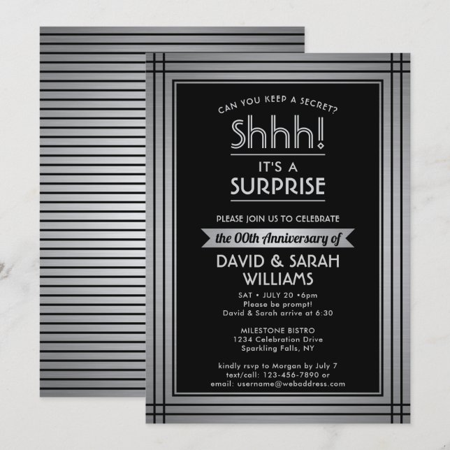 VARJE ÅR överraskningsjubileum Elegant Silver Blac Inbjudningar (Fram/baksida)