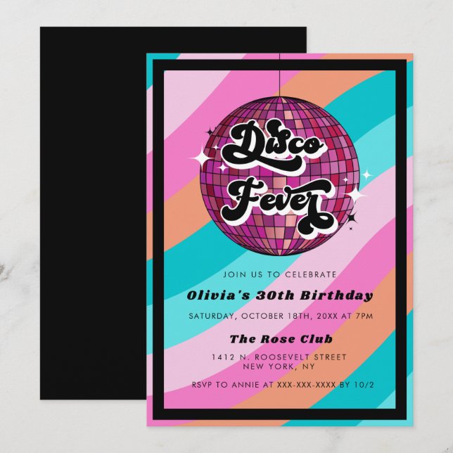 Varje år: Retro Disco Boll Rosa Birthday inbjuati Inbjudningar (Fram/baksida)