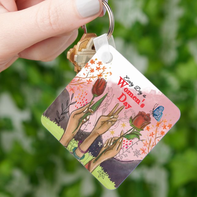 Varje Dag är Kvinnodagen Handmålad Fyrkant Nyckelring (Every Day is Women's Day Hand-Painted Square Keychain)