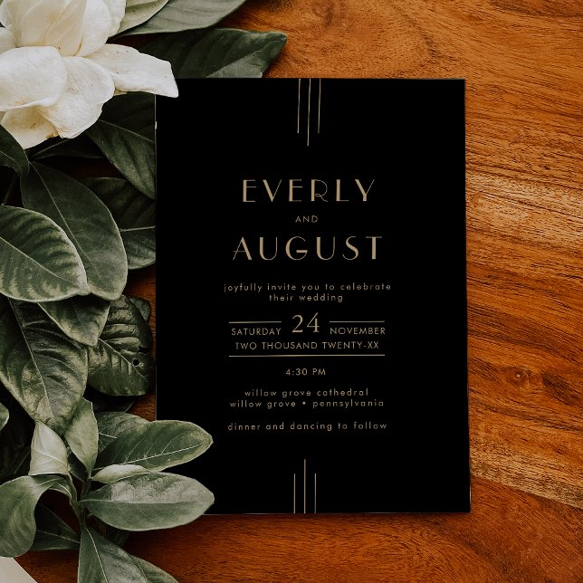 VARJE Elegant Art Deco Black och Guld Bröllop Inbjudningar (EVERLY Elegant Art Deco Black and Gold Wedding Invitation)