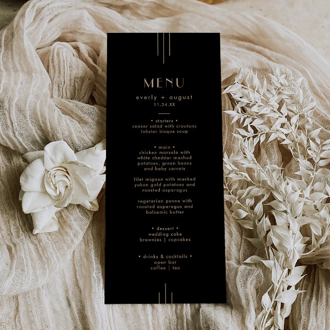 VARJE Elegant Art Deco Black och Guld Bröllop Meny (EVERLY Elegant Art Deco Black and Gold Wedding Menu)