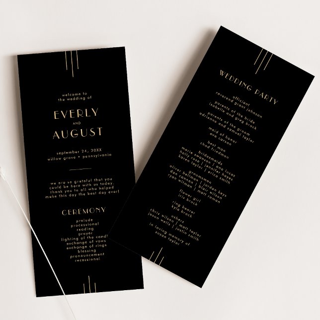 VARJE Elegant Art Deco Black och Guld Bröllop Program (EVERLY Elegant Art Deco Black and Gold Wedding Program)