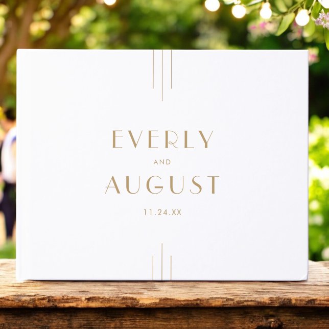 VARJE Guld Art Deco Simple Geometric Bröllop Gästböcker (EVERLY Gold Art Deco Simple Geometric Wedding Guest Book)