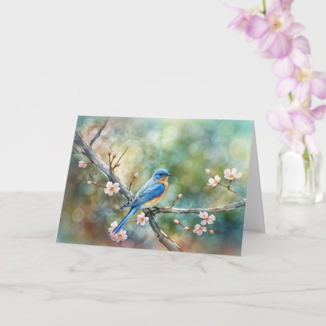 Vårjevndags Hälsningar Blommor och blå fågel  Kort (Orkide)