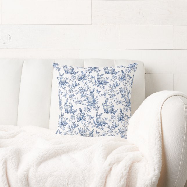 Vårkanin Blå Chinoiserie Kudde (Spring Bunny Blue Chinoiserie Throw Pillow)