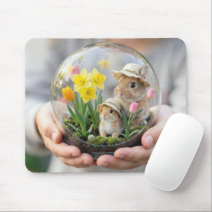 Vårkaniner i terrarium som hålls i barnets hand musmatta