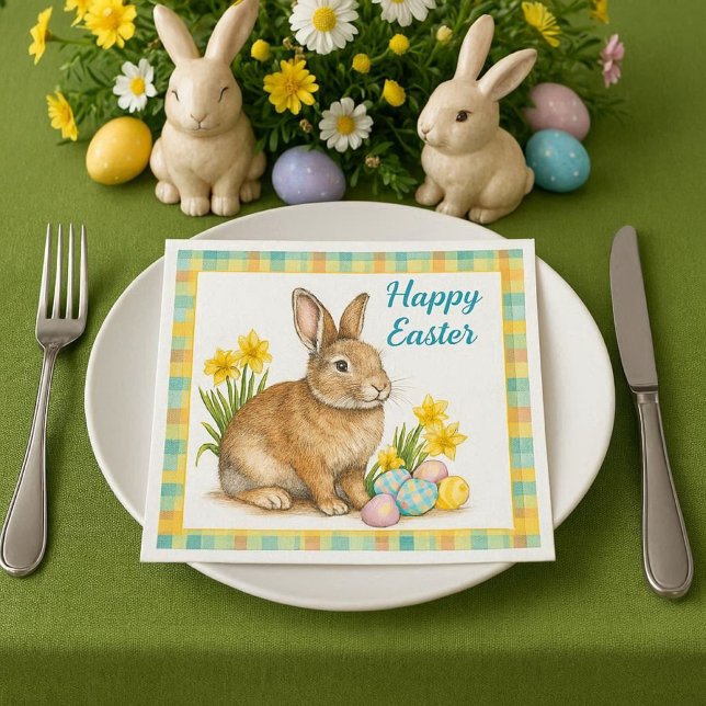 Vårkaroad med påskharen  pappersservett (Elevate your Easter table setting with our spring plaid bunny paper napkins. )