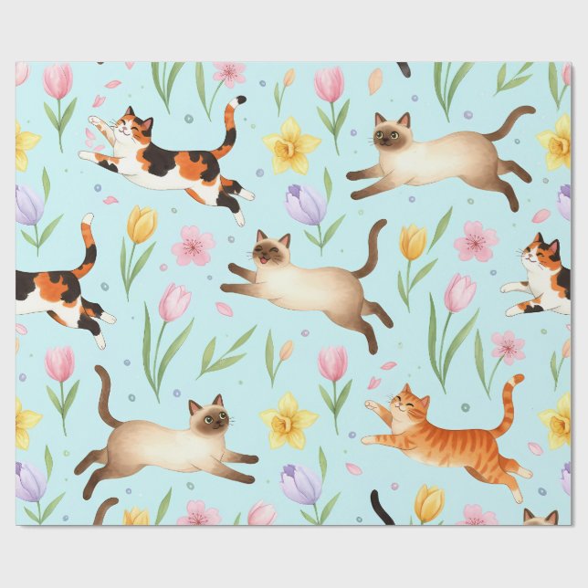 Vårkatparad – Hoppande Katter & Blommor Presentpapper (Platt)