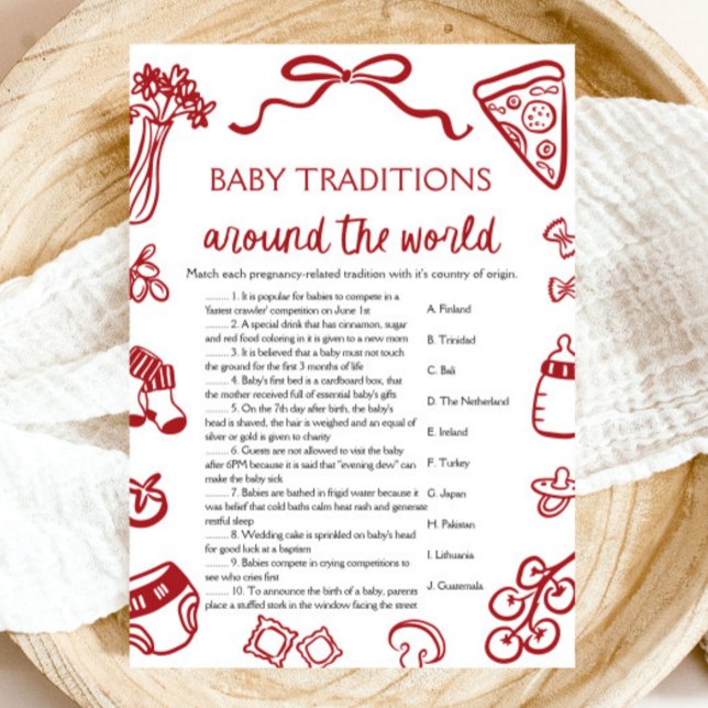 Värld runt om traditionella  i Hand plockade Baby Inbjudningar (Hand Drawn Baby Traditions Around The World Game)