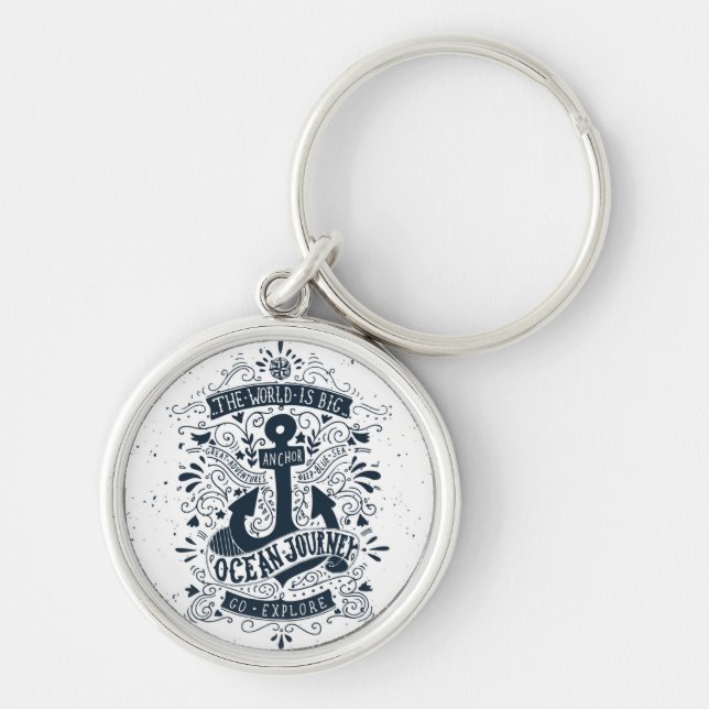 Världen är stor - gå undersöker rund silverfärgad nyckelring (Framsidan)