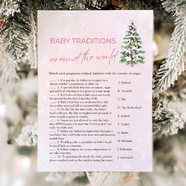 Världen runt  om Baby-jultraditioner Inbjudningar (Pink Bow Christmas Baby Traditions Around The World Game)