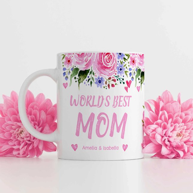 Världens bästa Blommigt för vattenfärg i Mamma Bar Kaffemugg (World's Best Mom Kid's Names Watercolor Floral Coffee Mug)