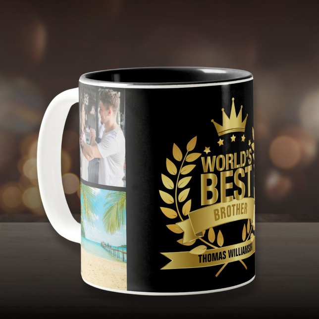 Världens Bästa Bror Foto Collage Svart och Guld Två-Tonad Mugg (World's Best Brother Photo Collage Black and Gold Two-Tone Coffee Mug)