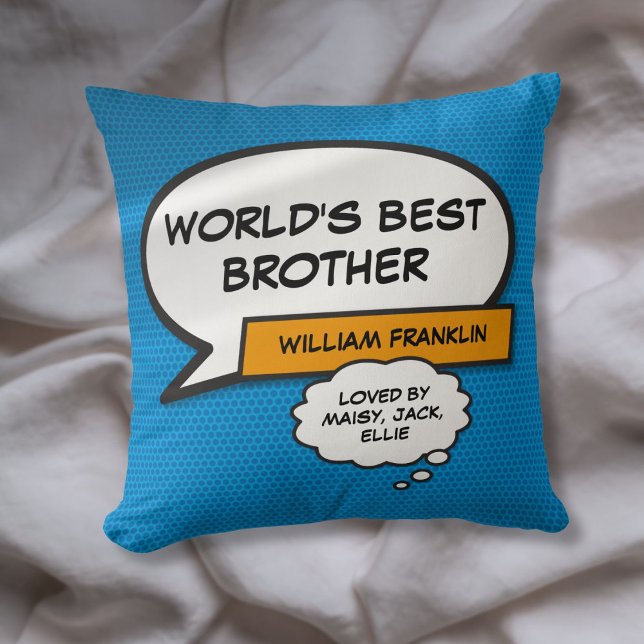 Världens Bästa Bror Rolig Tecknad Typografisk Blå Kudde (World's Best Brother Fun Comic Typographic Blue Throw Pillow)