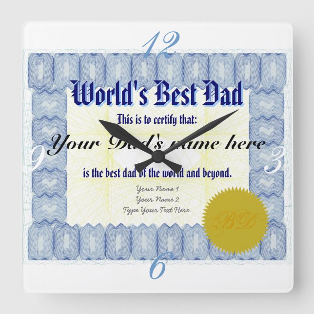 Världens bästa certifikat för Pappa Fyrkantig Klocka (Framsida)