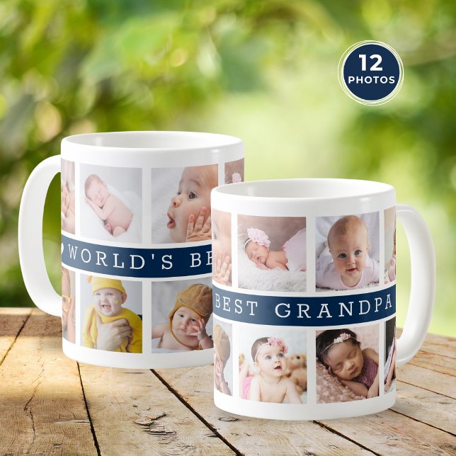 Världens Bästa Farfar 12 Fotokollage Blå Kaffemugg (Skapare uppladdad)