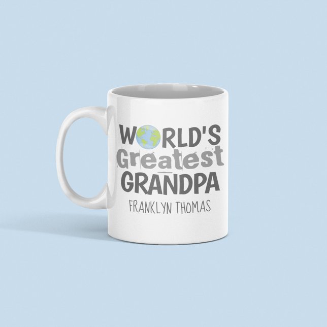 Världens Bästa Farfar Anpassat Namn Kaffemugg (World's greatest grandpa mug with globe icon and custom name personalized gift for grandfathers.)
