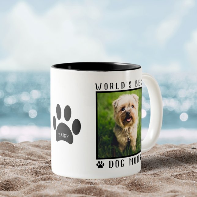 Världens bästa fotoutfoto för Pet-foten i Hund Tas Två-Tonad Mugg (World's Best Dog Mom Paw Prints Name Pet Photo Two-Tone Coffee Mug)
