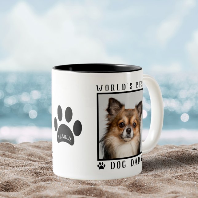 Världens bästa fotoutfoto för Pet-foten i Hund Tas Två-Tonad Mugg (World's Best Dog Dad Paw Prints Name Pet Photo Two-Tone Coffee Mug)