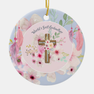 Världens bästa GODMODER-DIKT - Blommigt Kor Julgransprydnad Keramik