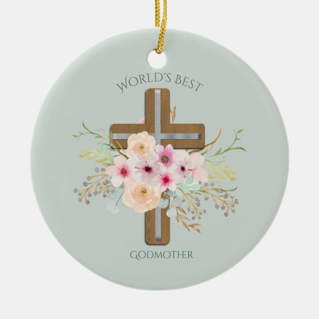 Världens bästa GODMOTHER Gift - Blommigt Kor Julgransprydnad Keramik (Framsidan)