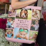 Världens bästa Grandma 8 Photo Collage Rosa Tygkasse<br><div class="desc">En gåva till världens bästa mormor,  denna åtta fotofamiljs fotokollage rosa till väskan kan vara personlig med 8 bilder barnbarn,  barn,  andra familjemedlemmar,  husdjur osv. Anpassa uttrycket "World's Best Grandma" och om hon heter "Grandma",  "Nana",  "Granny" etc. och lägg till hennes barnbarns namn.</div>
