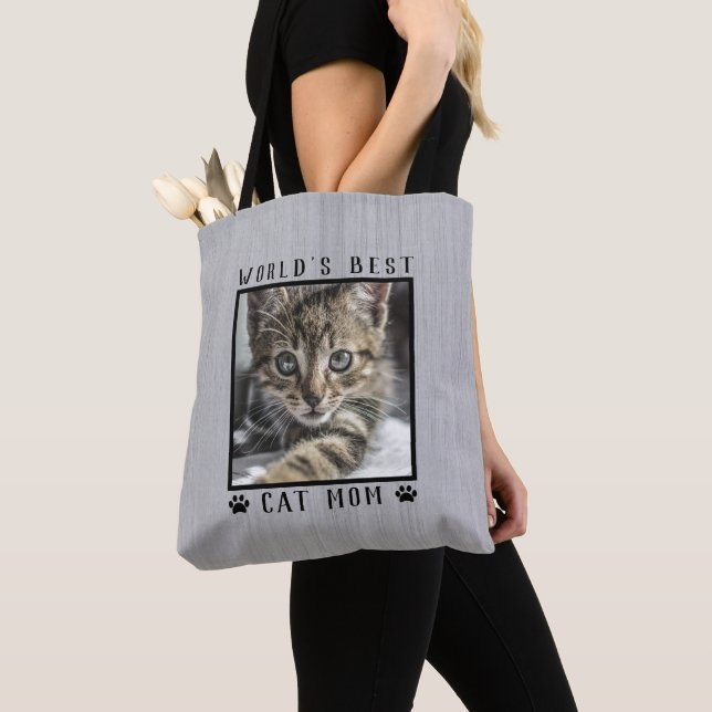 Världens Bästa Kattmamma Tassavtryck Foto Rustik Tygkasse (Närbild)