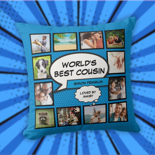 Världens bästa kusin 12 fotokollage Blå kul Kudde (World's Best Cousin 12 Photo Collage Blue Fun Throw Pillow)