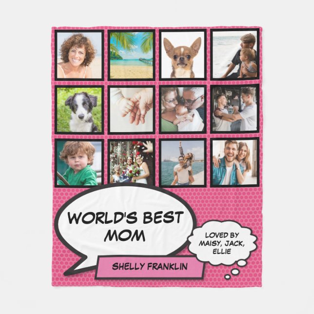 Världens Bästa Mamma 12 Foto Collage Rosa Fleecefilt (Framsidan)