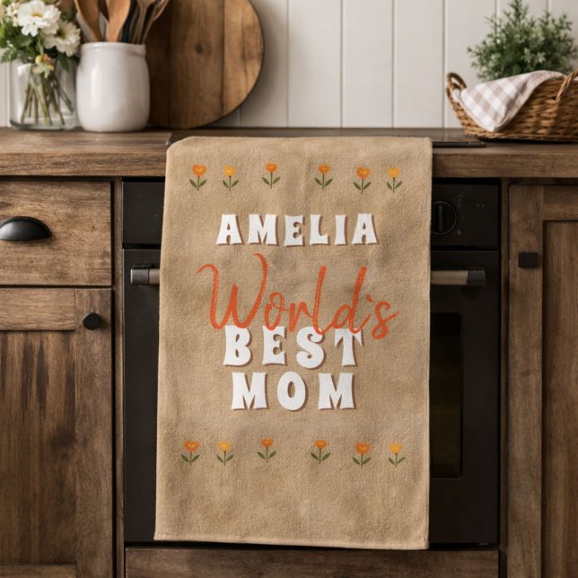 Världens Bästa Mamma Blommor Blommig Rustik Beige Kökshandduk (Skapare uppladdad)