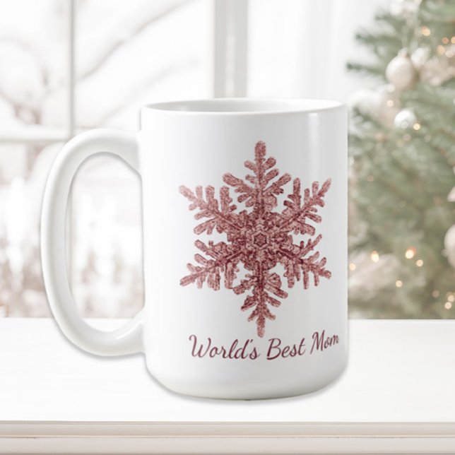 Världens Bästa Mamma Burgunder Snöflinga Kaffemugg (Rose gold Christmas snowflake "World's Best Mom" coffee/cocoa mug)